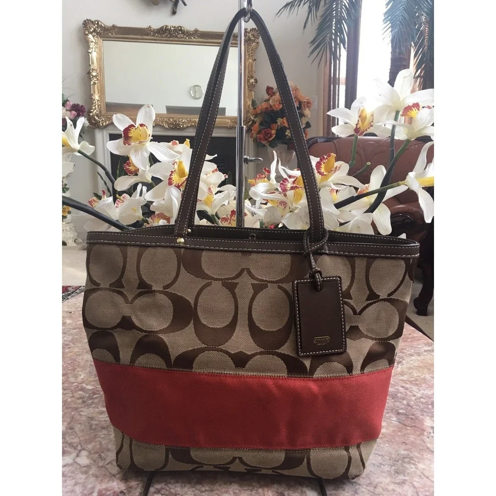 Coach‎ Signature Stripe Classic Khaki Orange Tote Shoulder Handbag 10124